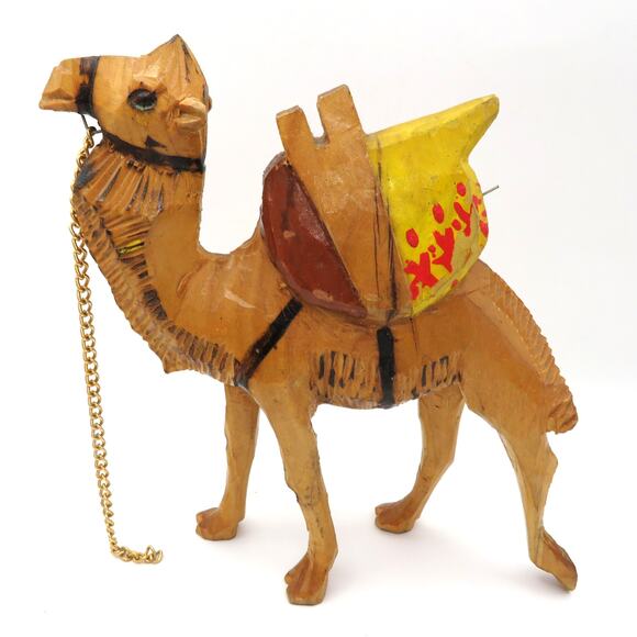 Pair of Hand Carved Wooden Camels 6” Folk Art Painted Figures Vintage Boho Decor - Picture 6 of 11